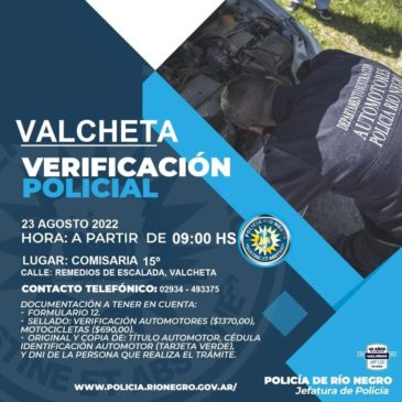 El Departamento de Sustracción de Automotores realizará verificación de autos y motos en Valcheta